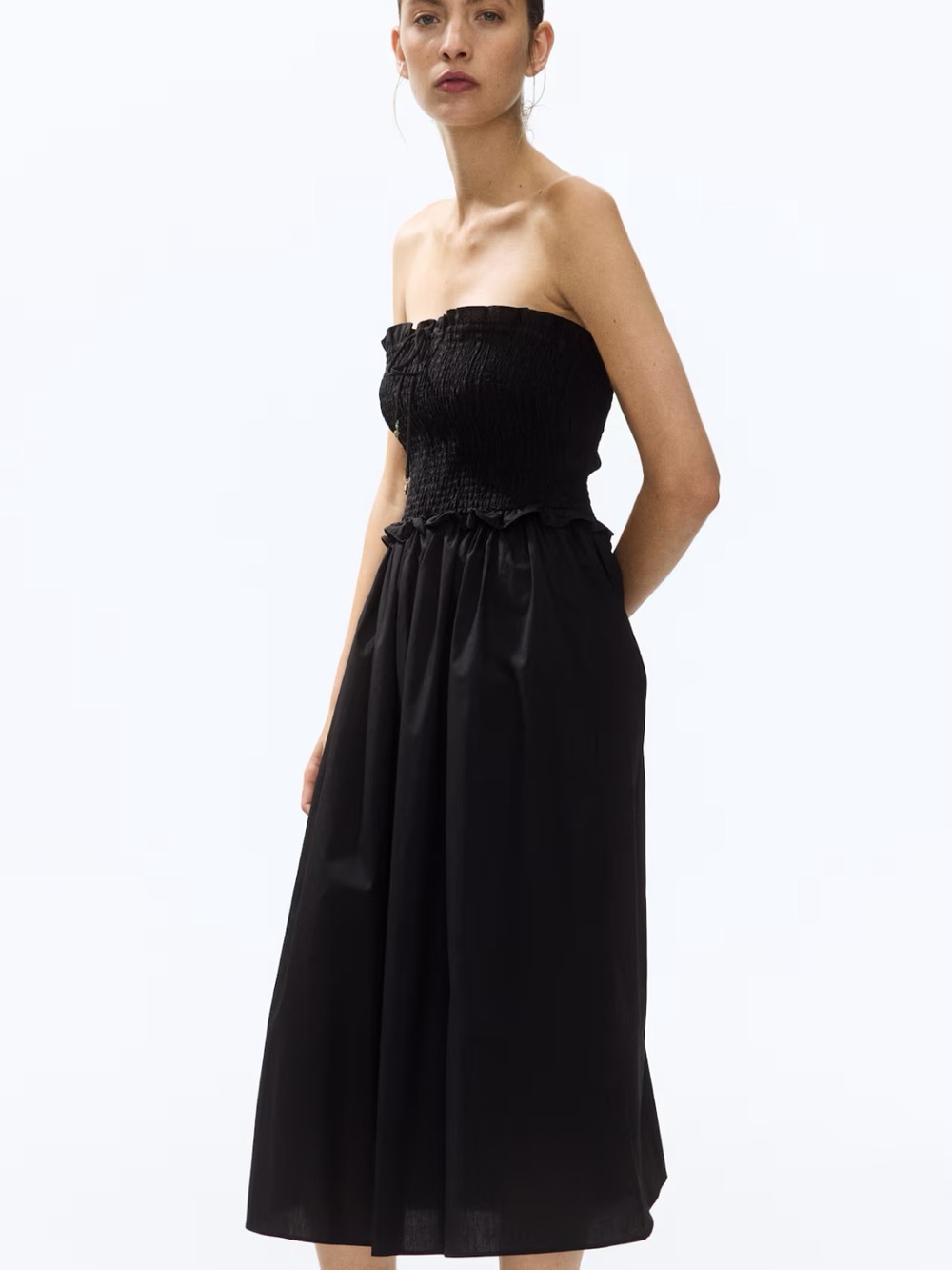 Divided Black Strapless Smocked Midi Dress